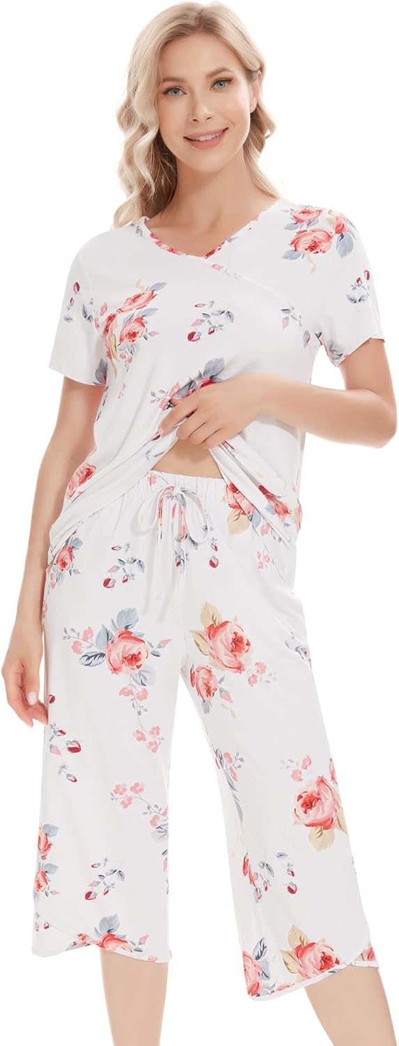 NACHILA Women’s Pajamas-Viscose Made from Bamboo, Short Sleeve Pjs Top with Capri Pajama Sets for Women Cool V Neck Sleepwear