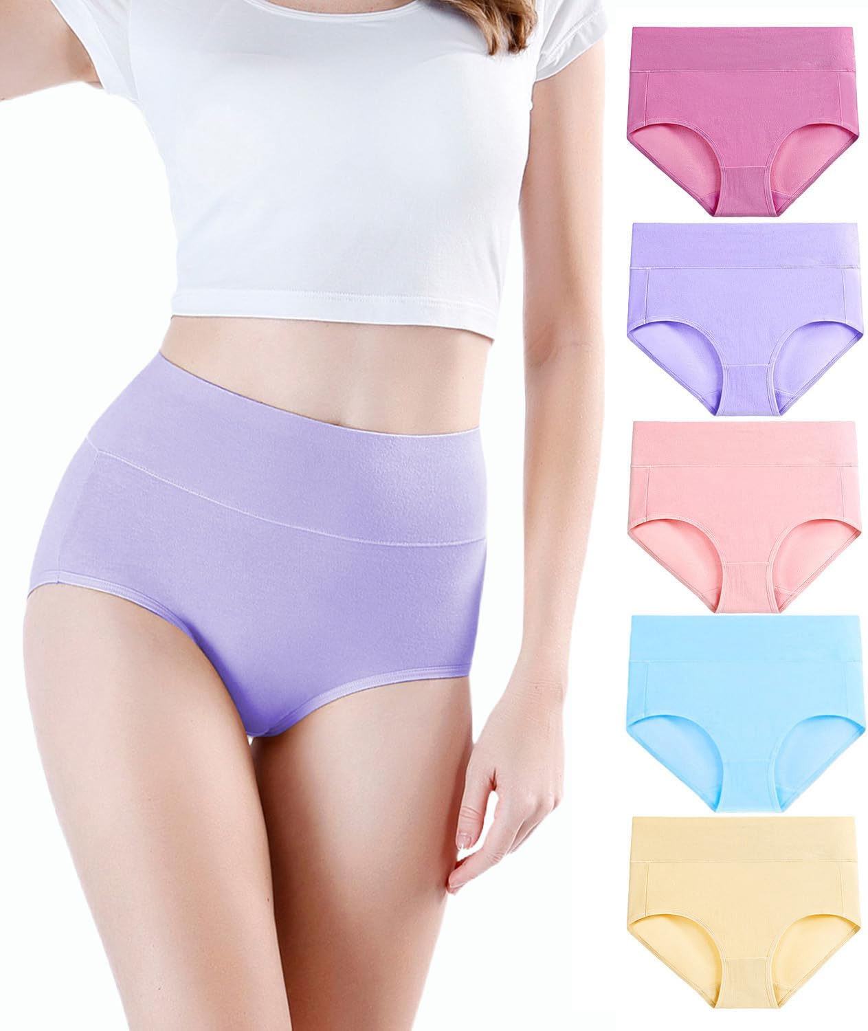 wirarpa Women's Underwear High Waisted Ladies Cotton Panties Soft Full Coverage Briefs 5 Pack (Regular & Plus Size)