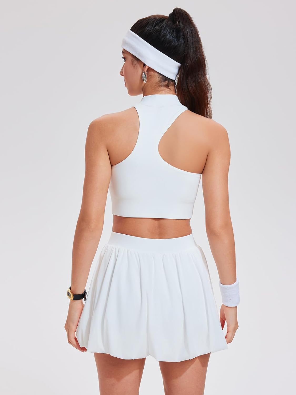 Airfree 2 Piece Sets for Women Tennis Skirt Set Mock Neck Sports Bra Irregular Crop Tank Bubble Skirt Outfits Set