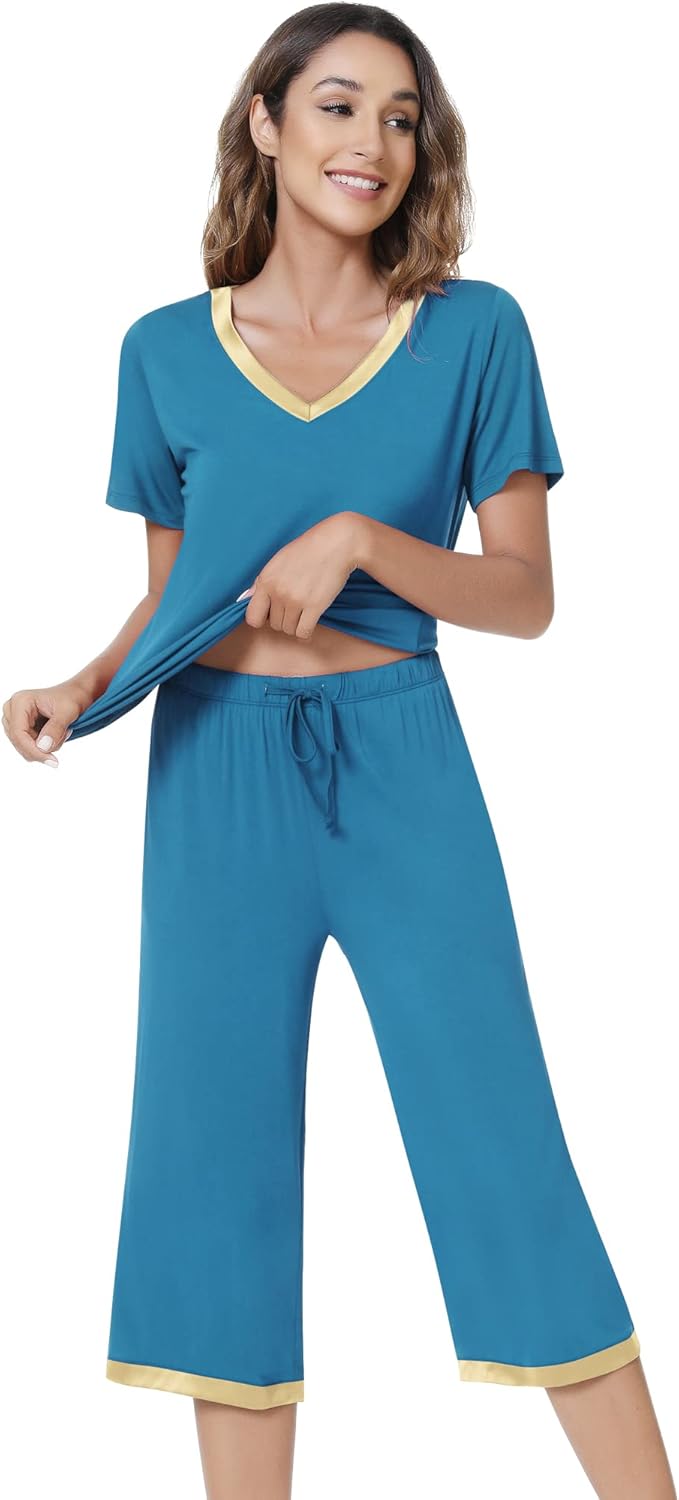 NACHILA Women’s Pajamas-Viscose Made from Bamboo, Short Sleeve Pjs Top with Capri Pajama Sets for Women Cool V Neck Sleepwear