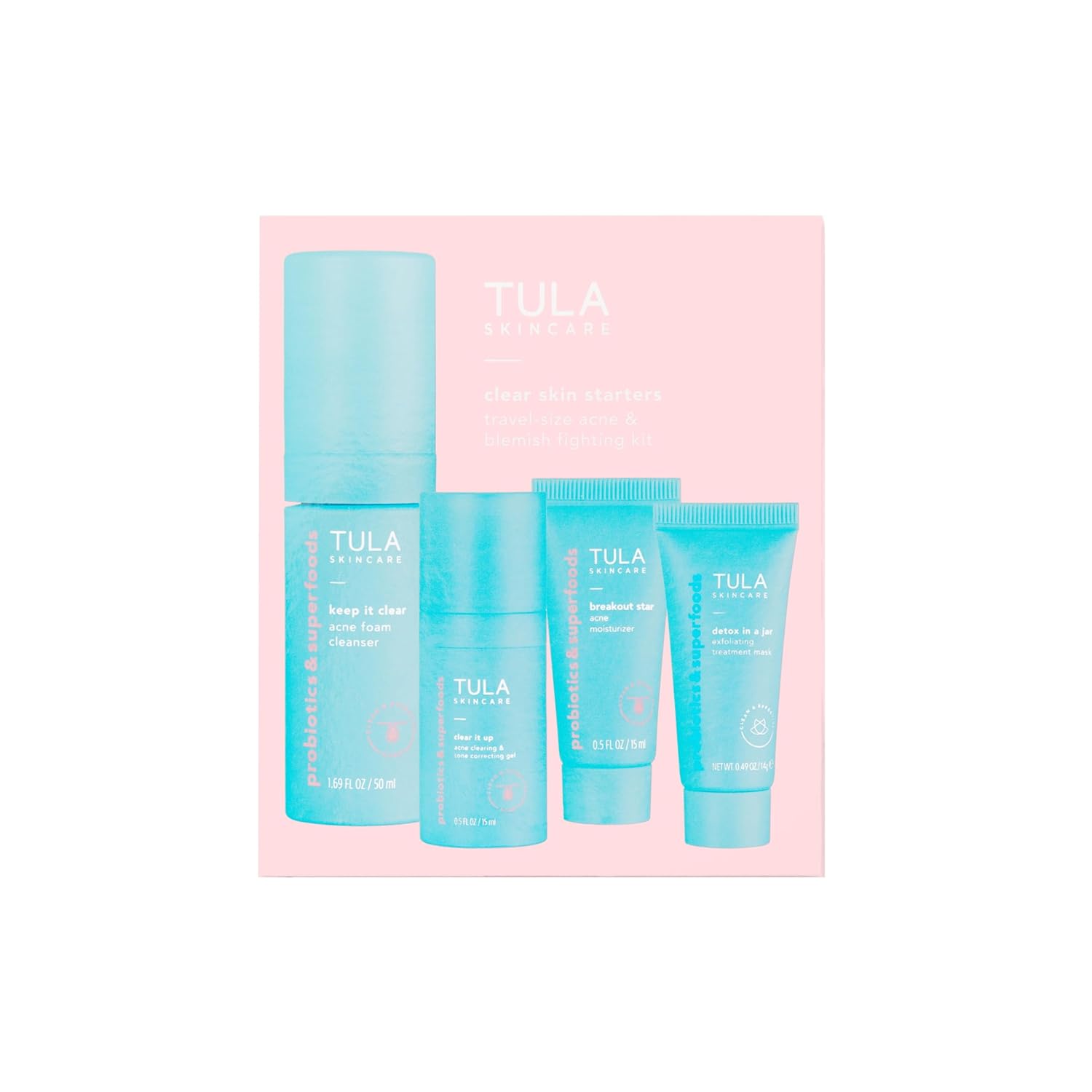 TULA Skin Care Clear Skin Starters Acne & Blemish Fighting Discovery Kit - Foam Cleanser, Correcting Gel, Moisturizer, Treatment Mask and Travel Bag to Treat & Prevent Acne, 4-Piece Kit