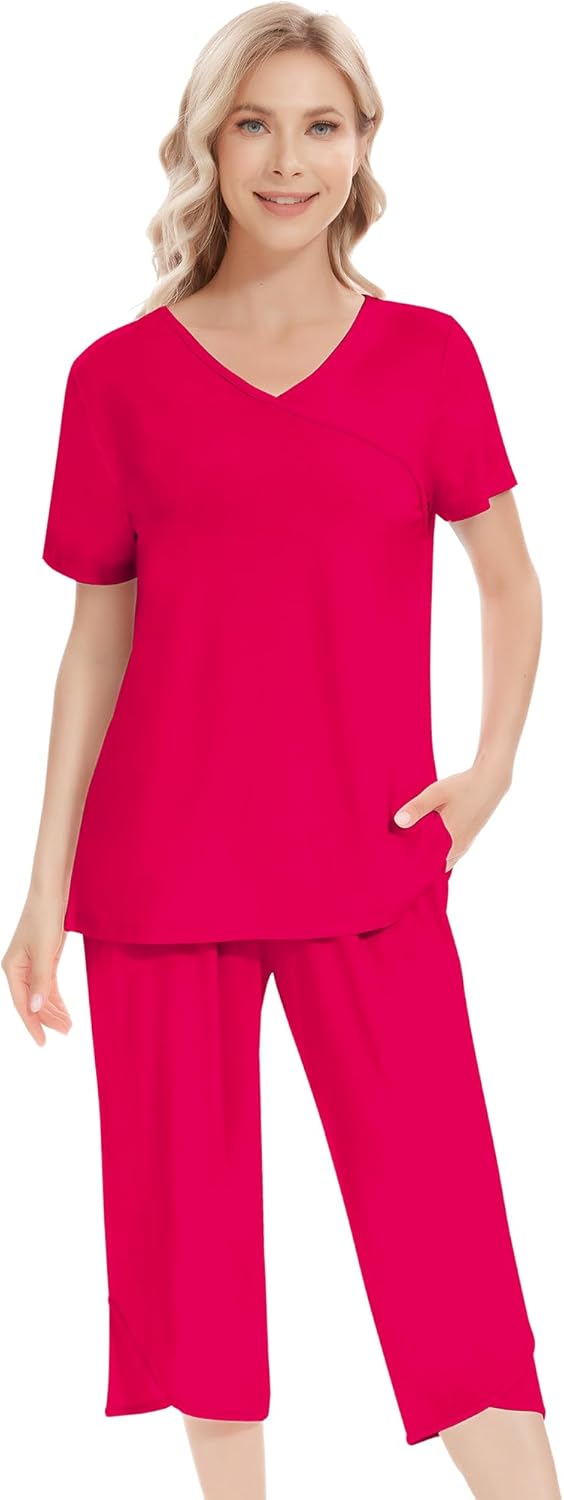NACHILA Women’s Pajamas-Viscose Made from Bamboo, Short Sleeve Pjs Top with Capri Pajama Sets for Women Cool V Neck Sleepwear