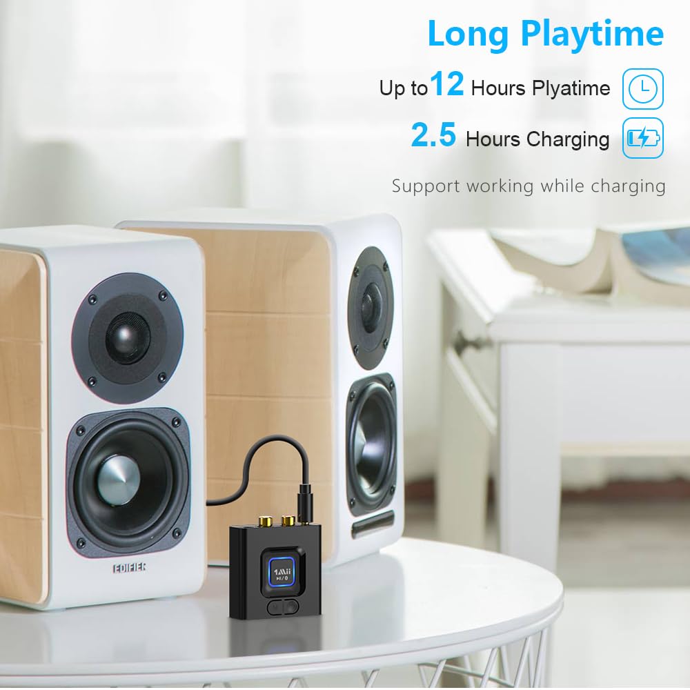 1Mii Bluetooth 5.1 Receiver for Home Stereo, Bluetooth Audio Adapter with 3.5mm RCA, Wireless Hi-Fi Music Streaming from Smartphone/Tablet to Wired Speaker, 12hrs Playtime, Bass Mode