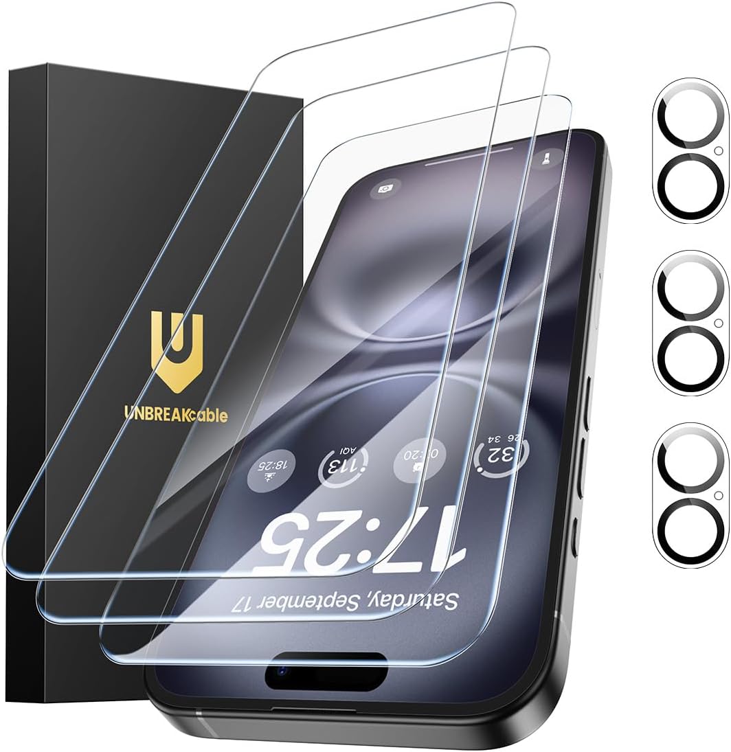 UNBREAKcable iPhone 16 Pro Max Screen Protector 3-Pack, 3 Tempered Glass + 3 Camera Lens Protectors, 9H Hardness, HD Clarity, Anti-Fingerprint, Case Friendly, 6.9 Inch
