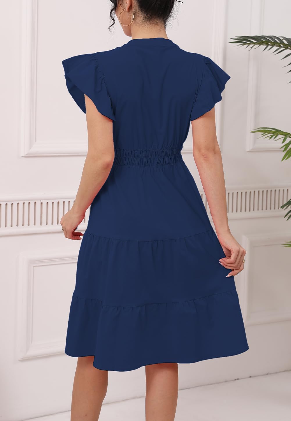 Women's Summer Midi Dresses Casual Ruffle Sleeve V-Neck Flowy Tiered Beach Vacation Party Sundress