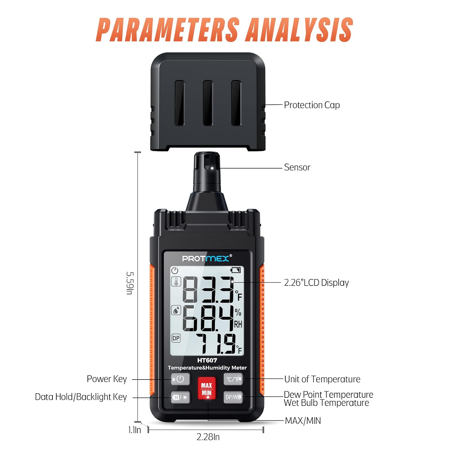 HT607 Temperature Humidity Meter High Precision Digital Hygrometer with Ambient, Relative Humidity, Dew Point, Wet Bulb Thermometer, Min/Max Hold, LCD Backlight with Cover Protector