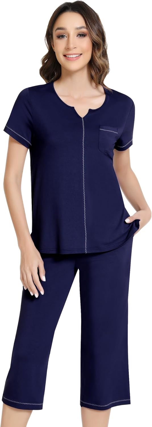 NACHILA Women’s Pajamas-Viscose Made from Bamboo, Short Sleeve Pjs Top with Capri Pajama Sets for Women Cool V Neck Sleepwear
