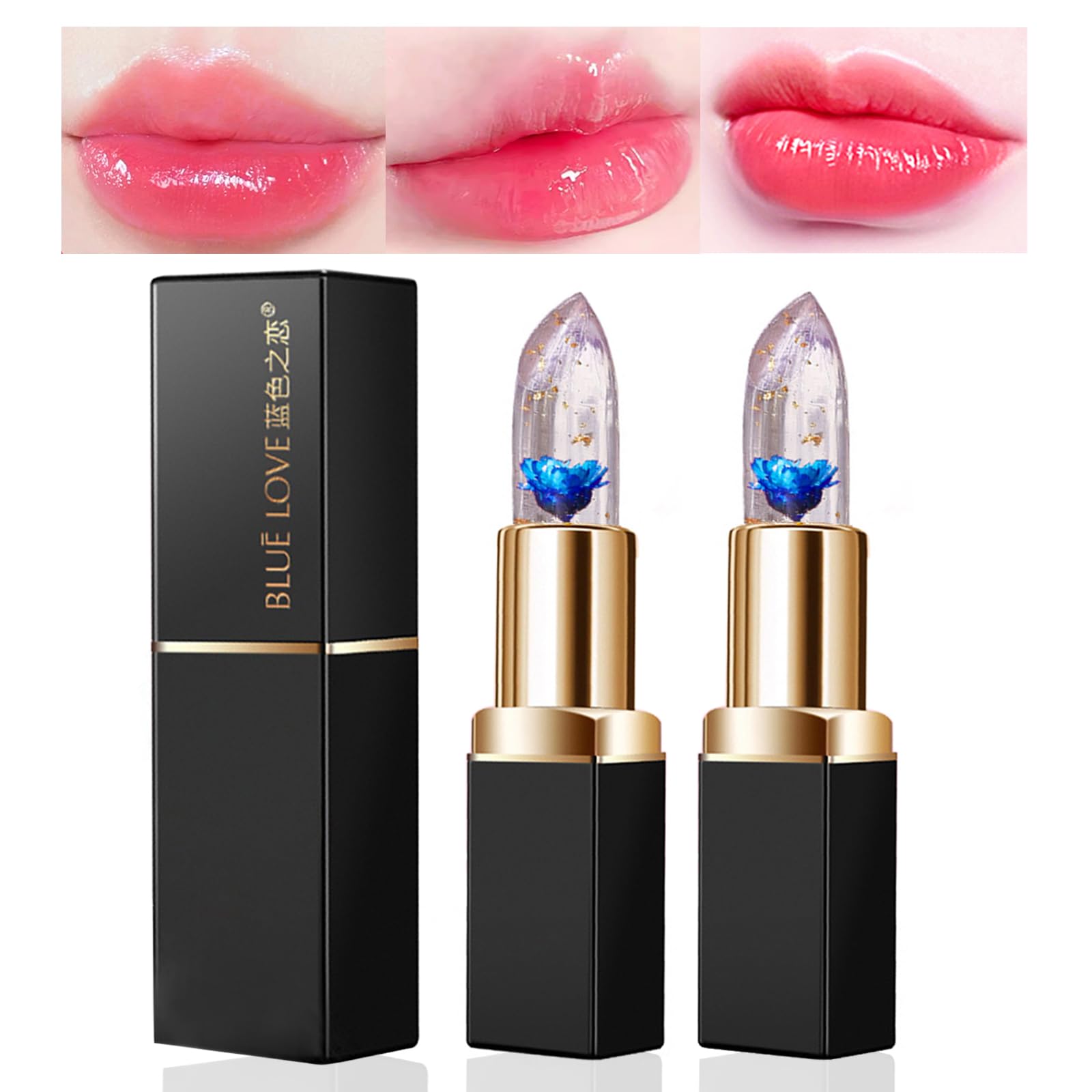 BLUE LOVE Color Changing Flower Lipstick - Hydrating Jelly Lip Balm with Flower, Long-Lasting Moisturizer & Nourishing Lip Gloss (Blue&Gold, 2 Count (Pack of 1))