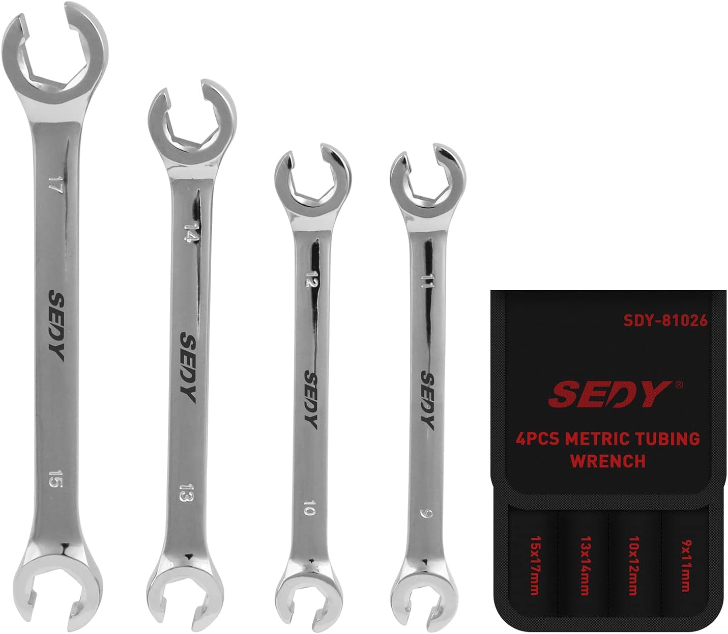 SEDY 4-Piece Flare Nut Wrench Set, Offset End Spanner Metric 9 10 11 12 13 14 15 17mm, CR-V Steel Storage Pouch Repair and Remove Nuts on Fuel Tube Hose Transmission Line