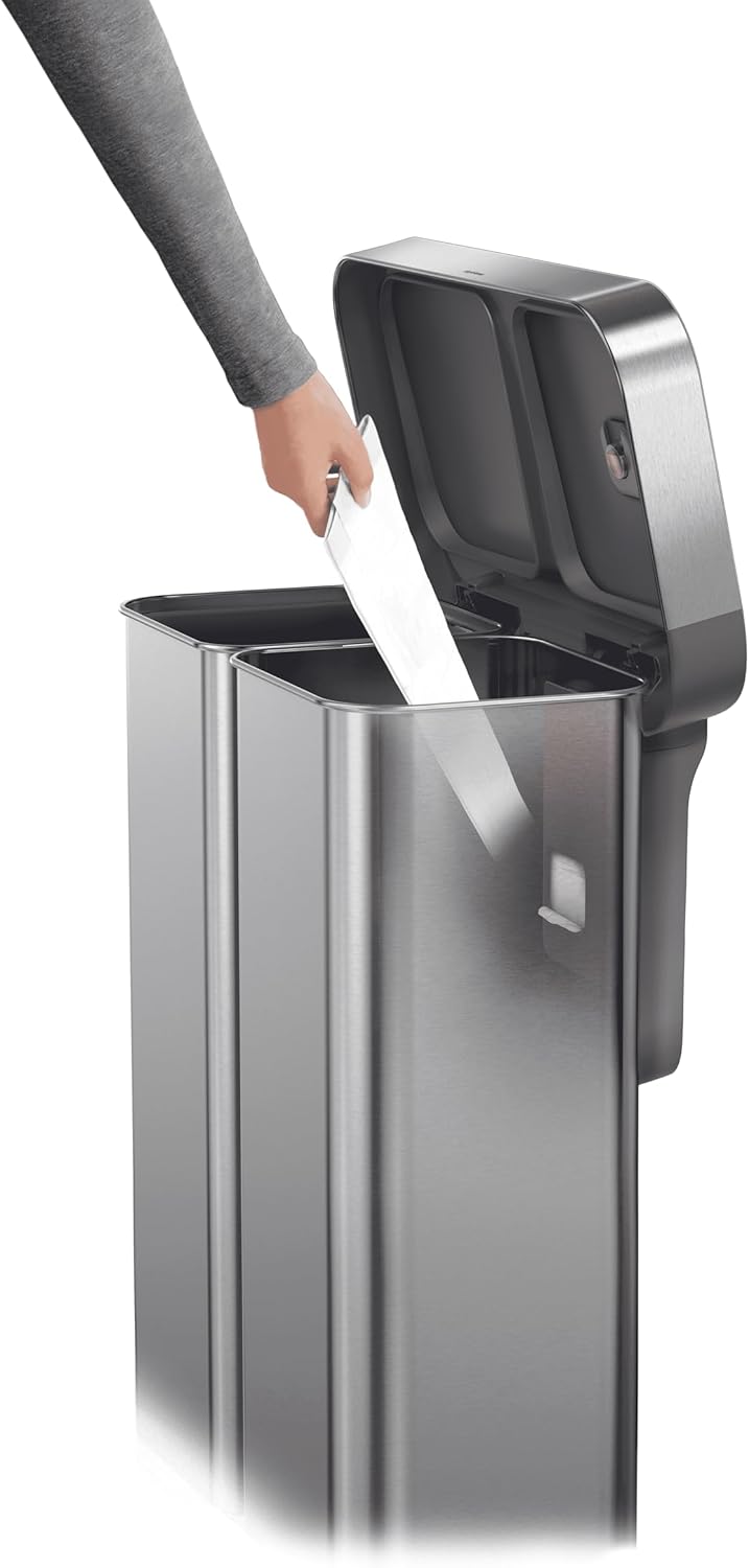 simplehuman 58 Liter / 15.3 Gallon Rectangular Hands-Free Dual Compartment Recycling Kitchen Step Trash Can with Soft-Close Lid, Brushed Stainless Steel