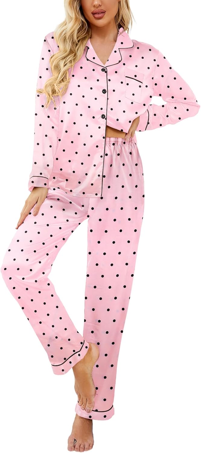 Ekouaer Womens Satin Pajama Set Classic Pattern Silky Pj Sets Button Down Sleepwear Loungewear
