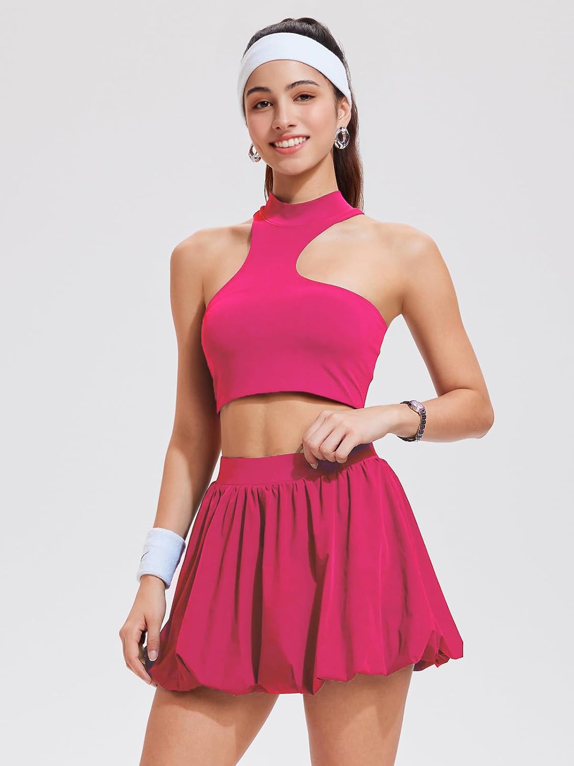 Airfree 2 Piece Sets for Women Tennis Skirt Set Mock Neck Sports Bra Irregular Crop Tank Bubble Skirt Outfits Set