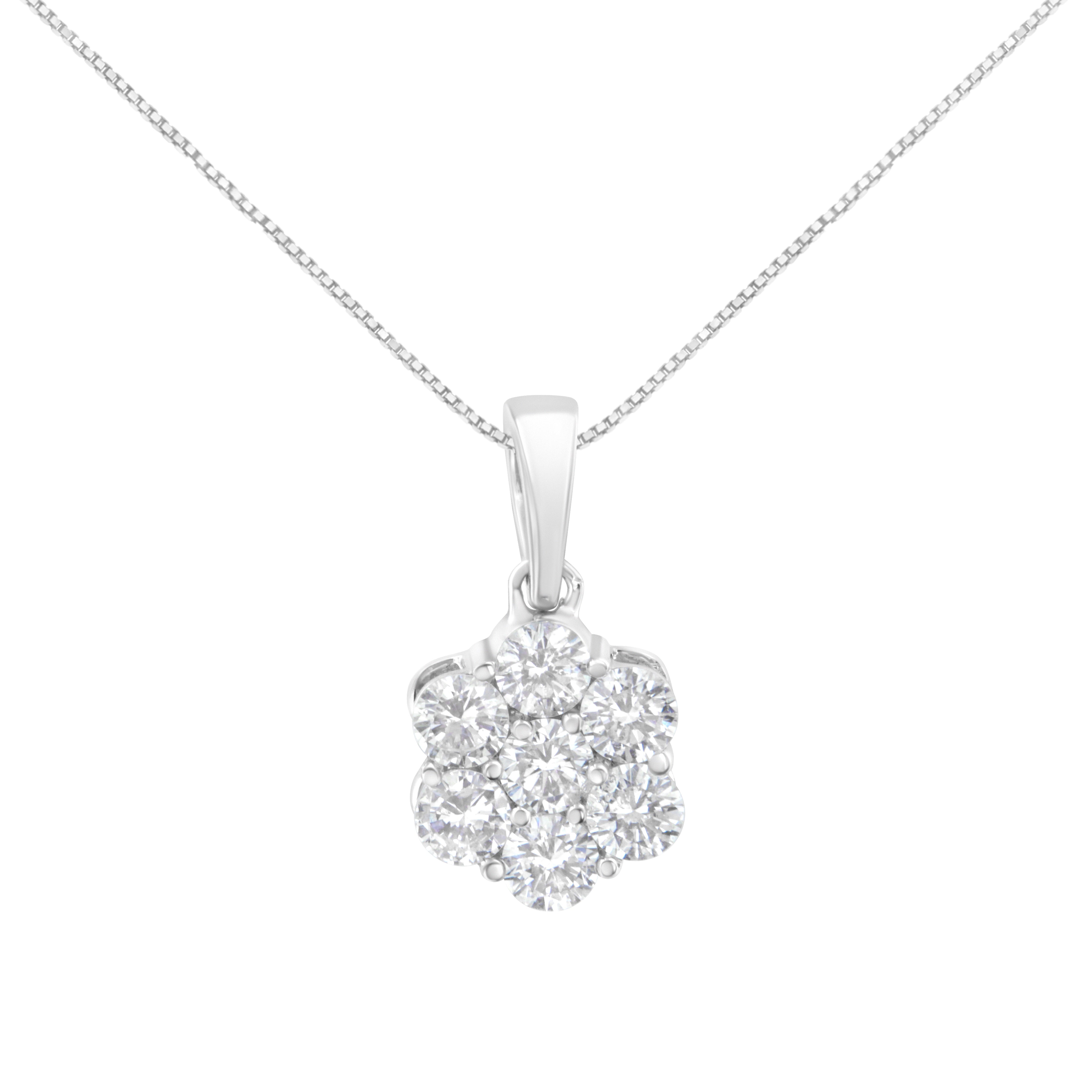 .925 Sterling Silver 1 Cttw Diamond 7 Stone Flower Cluster 18" Pendant Necklace (I-J Clarity, I1-I2 Color) - 18"