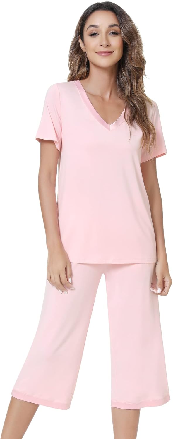 NACHILA Women’s Pajamas-Viscose Made from Bamboo, Short Sleeve Pjs Top with Capri Pajama Sets for Women Cool V Neck Sleepwear