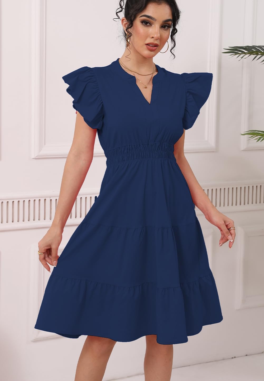 Women's Summer Midi Dresses Casual Ruffle Sleeve V-Neck Flowy Tiered Beach Vacation Party Sundress