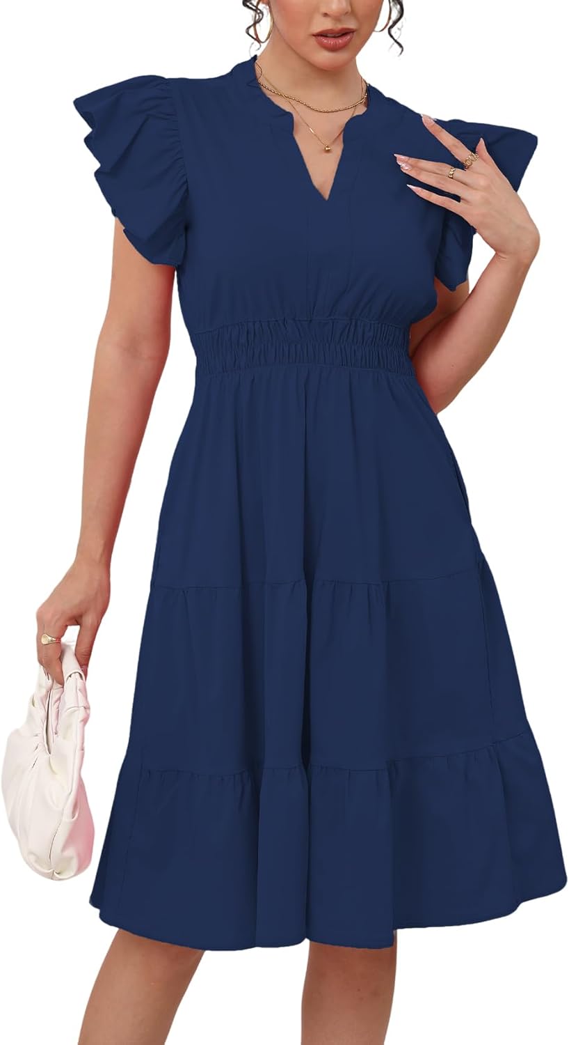 Women's Summer Midi Dresses Casual Ruffle Sleeve V-Neck Flowy Tiered Beach Vacation Party Sundress