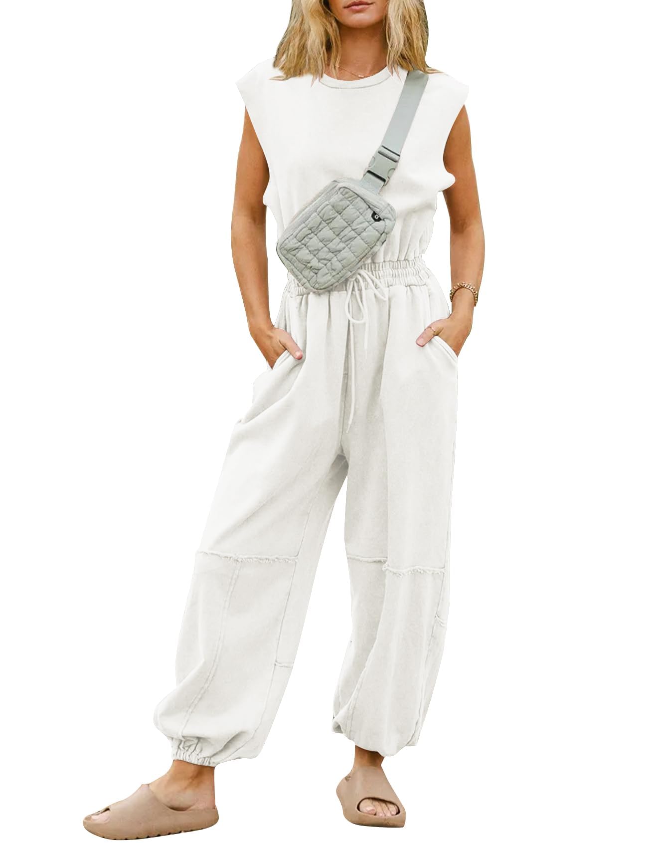 Flygo Womens Casual Jumpsuit Crewneck Cap Sleeve Long Wide Leg Pants One Piece Outfits Drawstring Romper with Pockets(LightGrey-M)