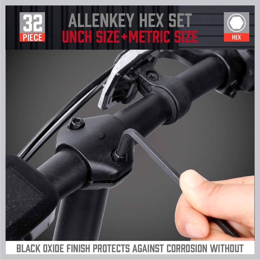 SEDY 32-Piece Hex Key Wrench Set, Metric and SAE Allen Wrenches (0.028-3/8 inch, 0.7-10 mm) L Shape Allen Keys, Chrome Vanadium Steelwith 2x Extension Handle