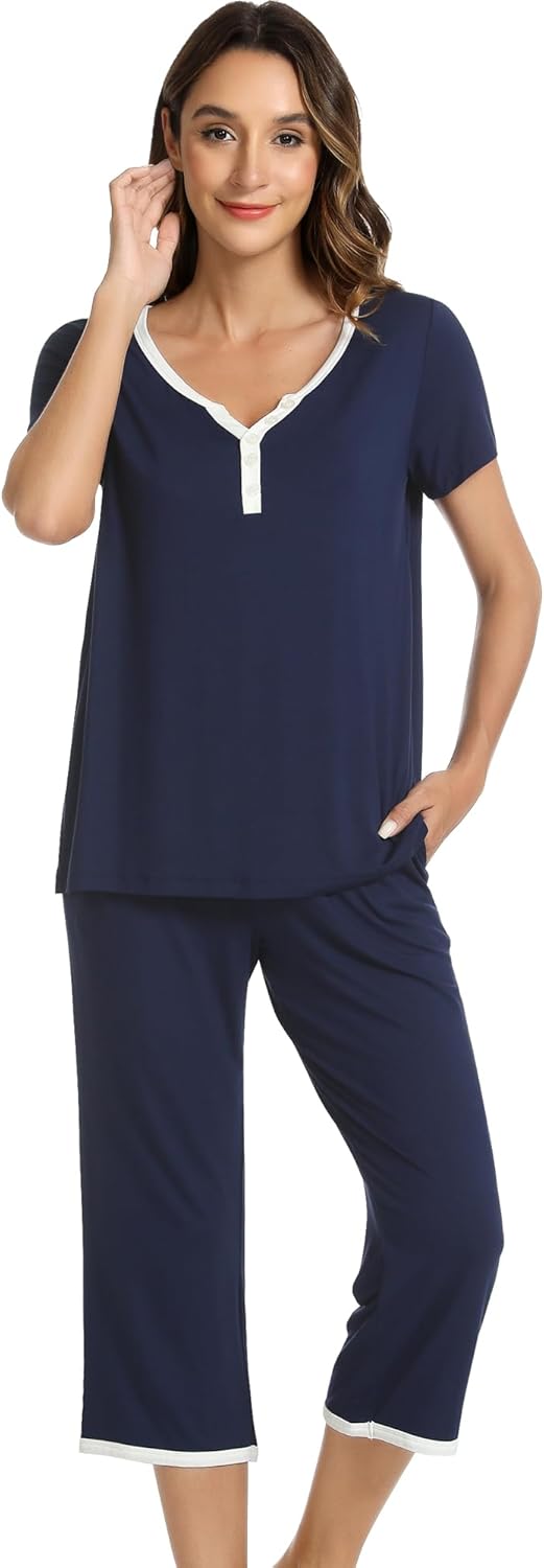 NACHILA Women’s Pajamas-Viscose Made from Bamboo, Short Sleeve Pjs Top with Capri Pajama Sets for Women Cool V Neck Sleepwear