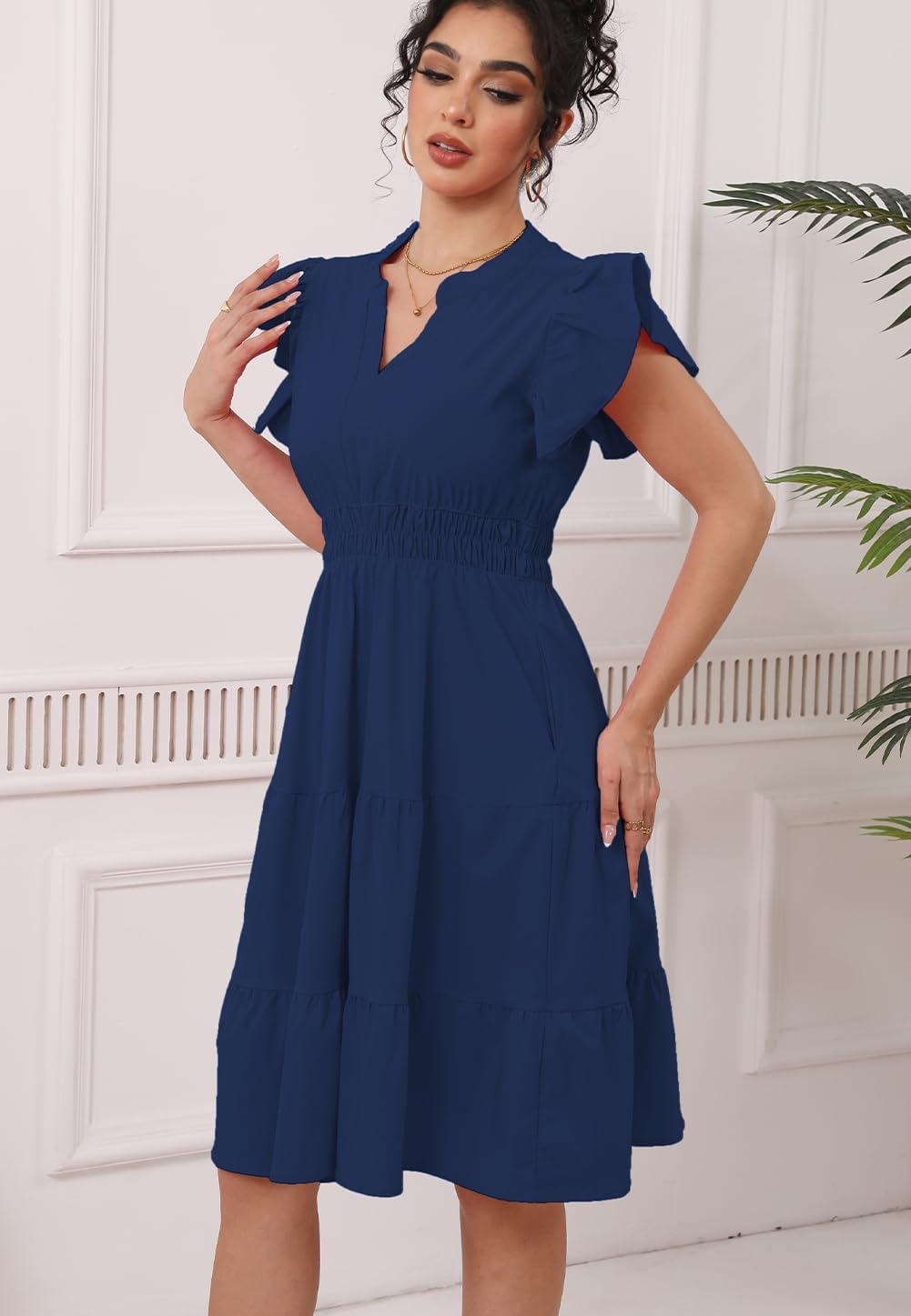 Women's Summer Midi Dresses Casual Ruffle Sleeve V-Neck Flowy Tiered Beach Vacation Party Sundress