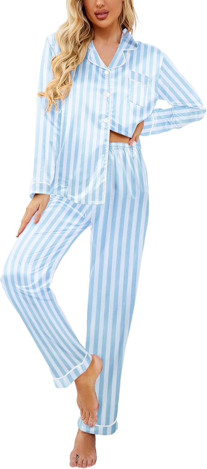 Ekouaer Womens Satin Pajama Set Classic Pattern Silky Pj Sets Button Down Sleepwear Loungewear
