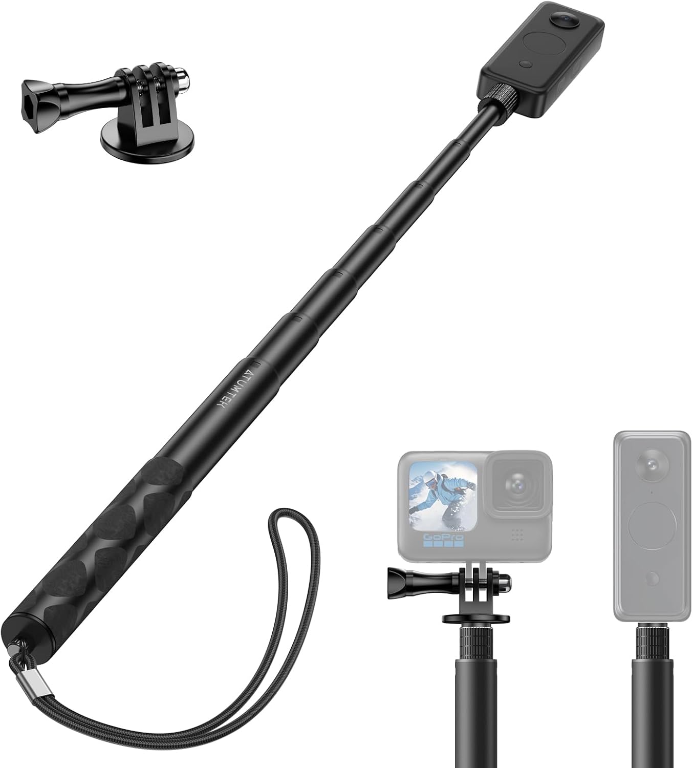 ATUMTEK 45" Invisible Selfie Stick, 1/4" Extended Monopod Pole, Solid and Compact Design for Insta360, for GoPro, DJI, Action Camera (Buckle Mount for GoPro and Wrist Strap Included)
