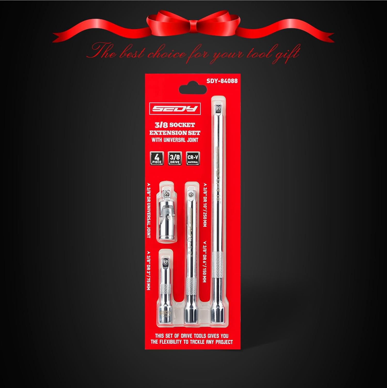 4-Piece 3/8" Drive Socket Extension Bar Set, Professional Socket Extension Set Include 3, 6, and 10 Inch Extensions and 3/8 Inch drive Universal Joint Sockets, Premium Cr-V Steel Construction