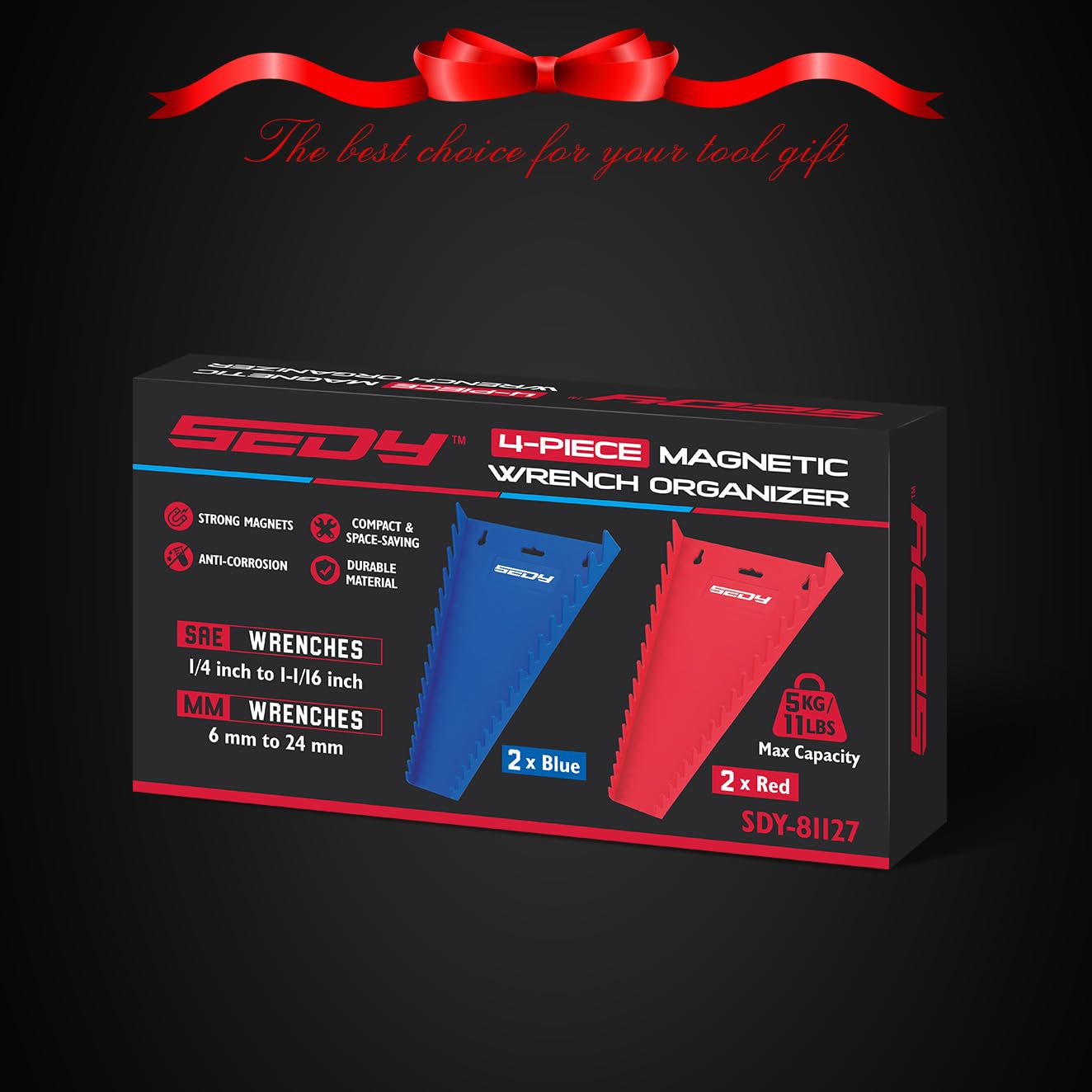 2-Pack Magnetic Wrench Organizer, 32-Slot Premium Wrench Rack Holder Tool Trays for Toolboxes Drawer Storage, SAE (1/4" - 1-1/16") & Metric (6mm - 24mm)