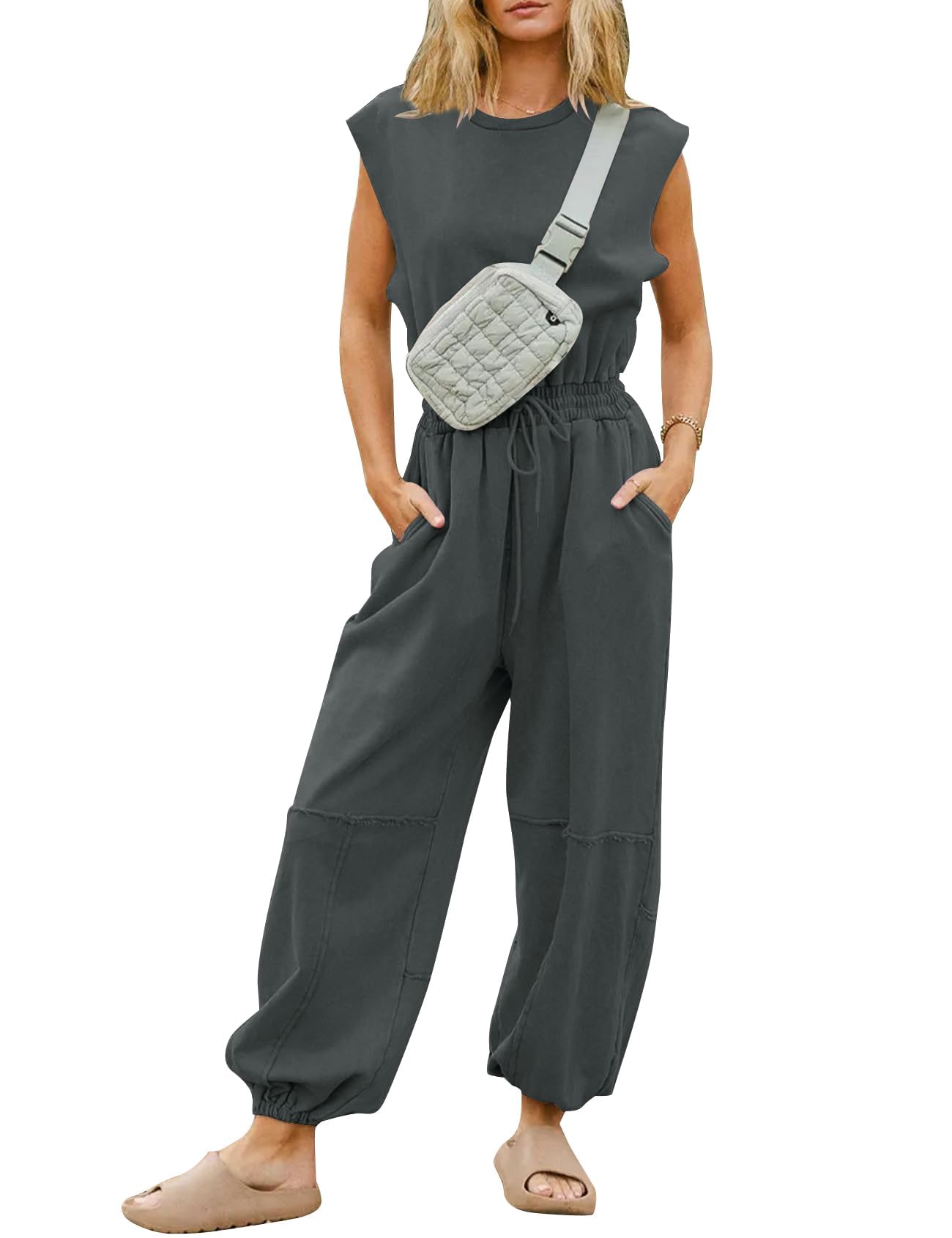 Flygo Womens Casual Jumpsuit Crewneck Cap Sleeve Long Wide Leg Pants One Piece Outfits Drawstring Romper with Pockets(LightGrey-M)