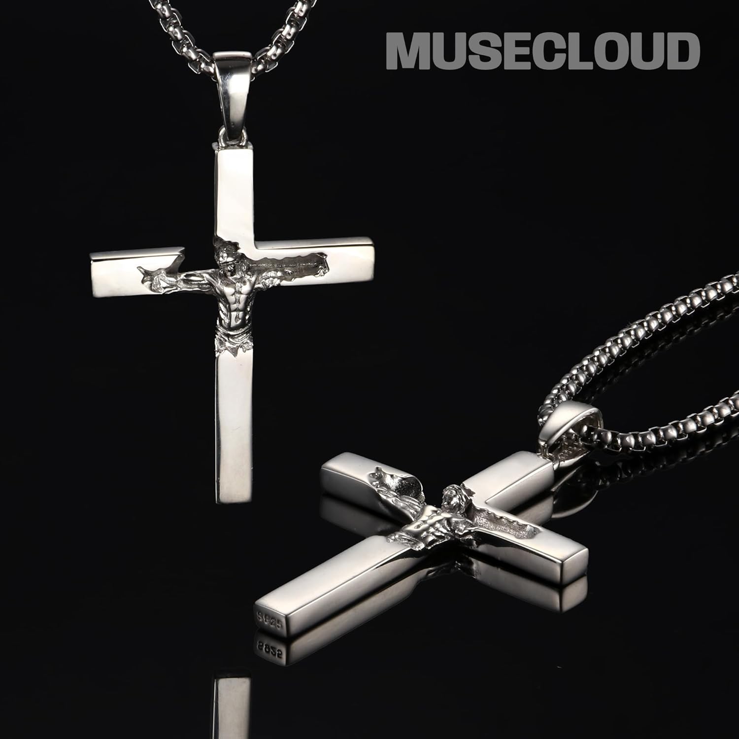 925 Sterling Silver Crucifix Necklace Men - 3D Jesus Relief Cross Savior Pendant with Stainless Steel Box Chain Catholic Crucifix Necklaces Large Christian Jewelry for Women Mens 18-26 inch