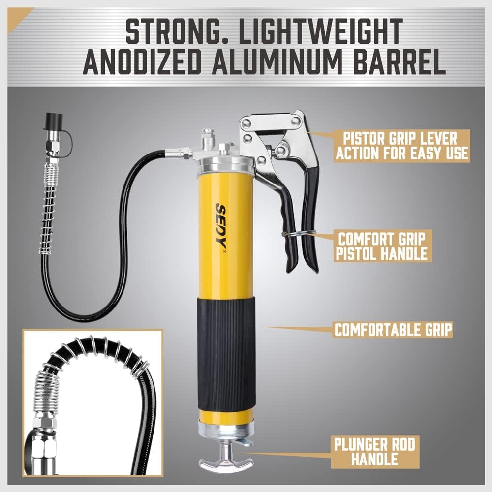 SEDY Heavy Duty Grease Gun Kit - 14oz Free Grease Tube 8000 PSI Pistol High Pressure Flexible Hose Bearing Grease Pump Marine Durable Connectors Adapters Extension Tubes Nozzle Easy Operation