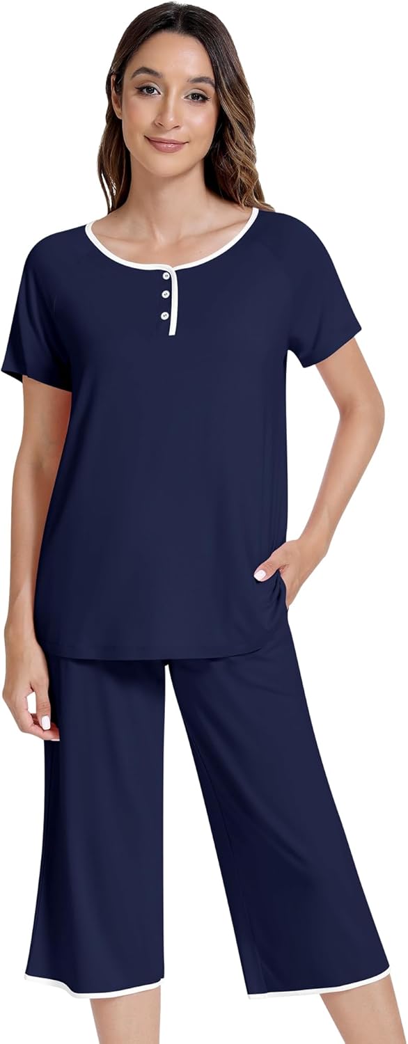 NACHILA Women’s Pajamas-Viscose Made from Bamboo, Short Sleeve Pjs Top with Capri Pajama Sets for Women Cool V Neck Sleepwear