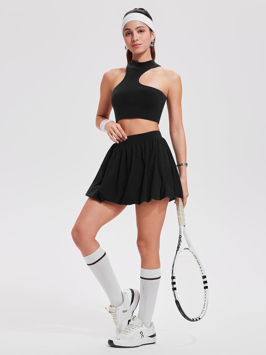 Airfree 2 Piece Sets for Women Tennis Skirt Set Mock Neck Sports Bra Irregular Crop Tank Bubble Skirt Outfits Set