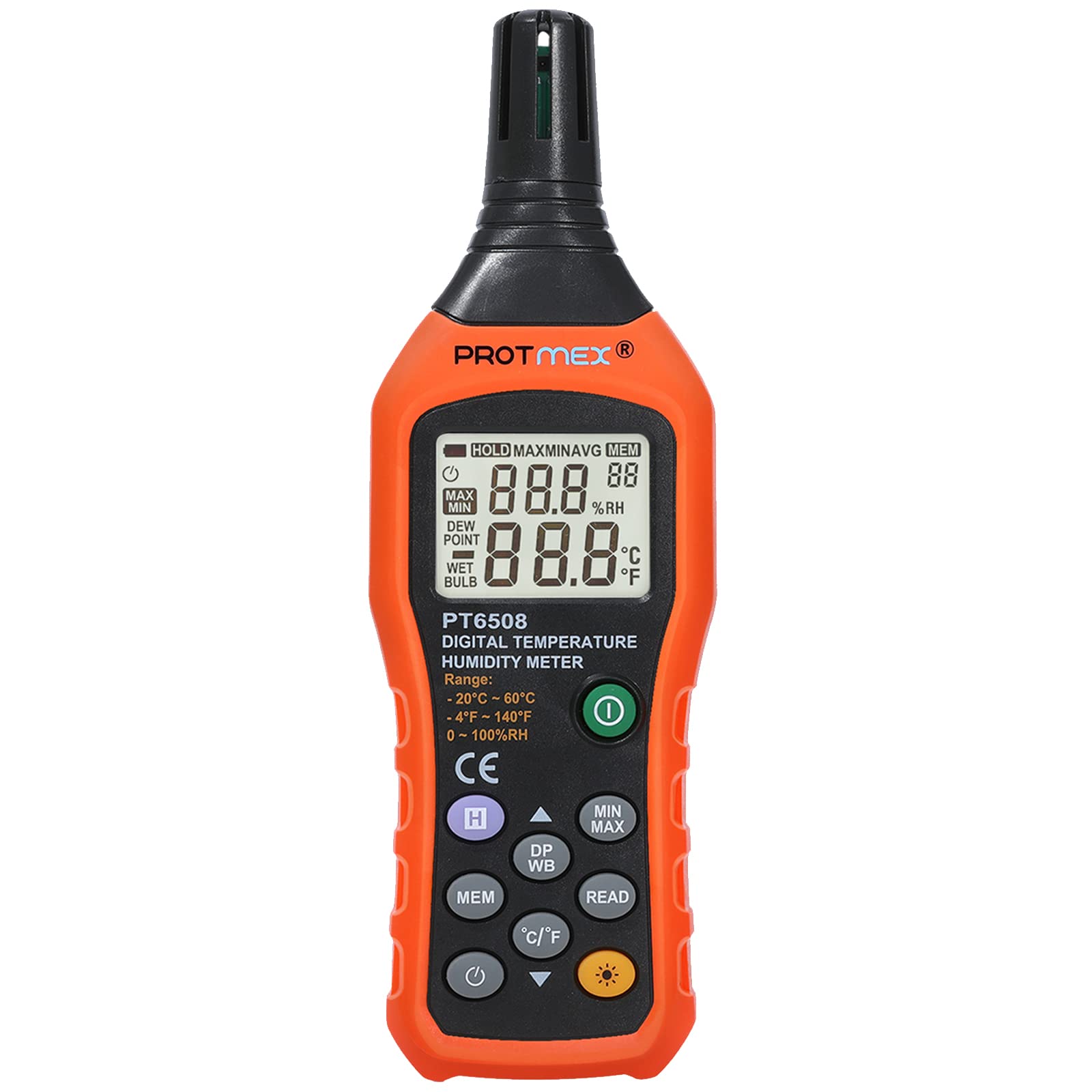 PT6508 Temperature Humidity Meter, Digital Thermometer Hygrometer Monitor with Ambient, Dew Point, Wet Bulb for Indoor/Outdoor MIN, MAX, Data Hold, LCD Backlight