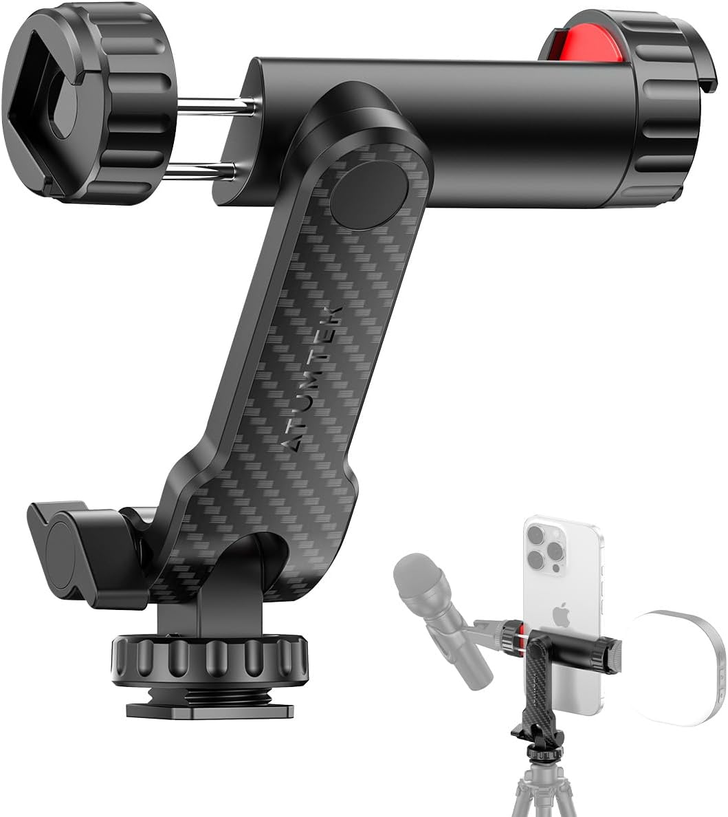 ATUMTEK Phone Tripod Mount, Universal Smartphone Mount Adapter with 2 Cold Shoe and 1/4" Standard Screw, 360° Rotates and 180° Tilts Adjustable Cell Phone Clamp Holder for Perfect Mobile Photography