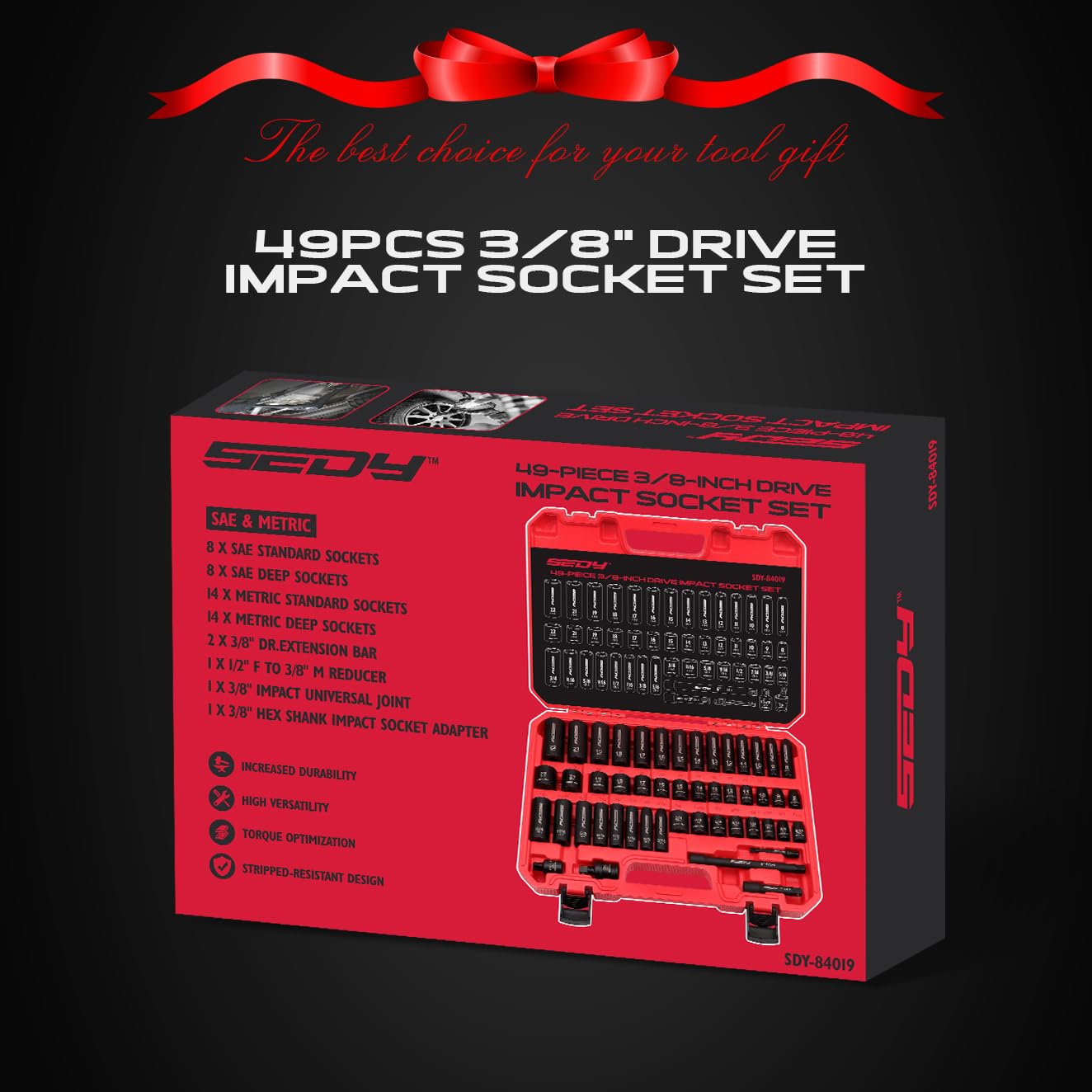 29-Piece 1/2" Drive Impact Socket Set, SAE (3/8 to 1 inch) and Metric (10-24mm) Sizes with Extension Bars Standard Deep Socket Set CR-V Material High Durability Impact Wrench