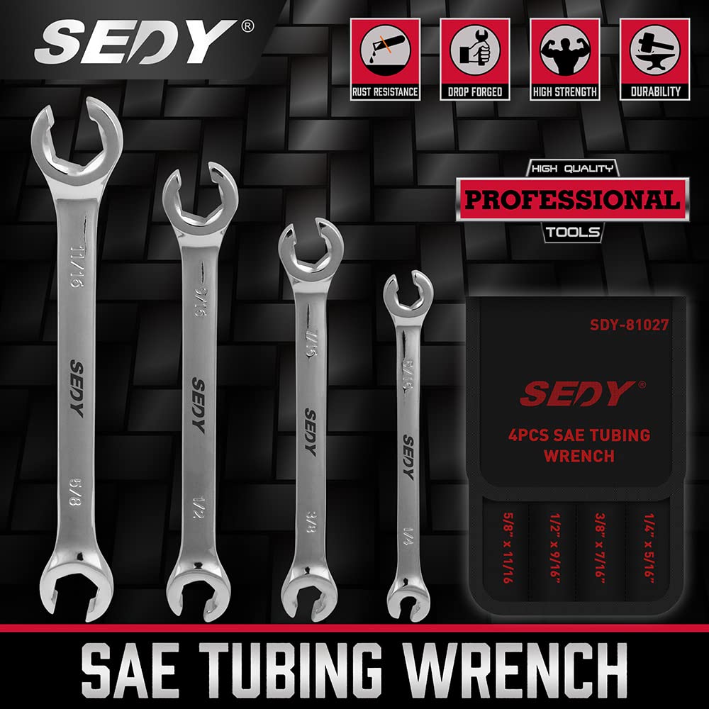 4-Piece Flare Nut Wrench Set - SAE Brake Line Wrench 1/4, 5/16, 3/8, 7/16, 1/2, 9/16, 5/8, 11/16-inch, Professional Offset Heads, Portable Organizer Pouch Included