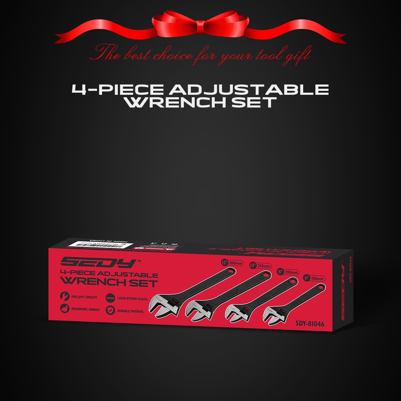 Adjustable Wrench Set Wrenches Sets: 4-Piece 6, 8, 10, 12 Inch Chrome Vanadium Steel Corrosion-Resistant Black Oxide Finish for Automotive Plumbing and Household Repairs