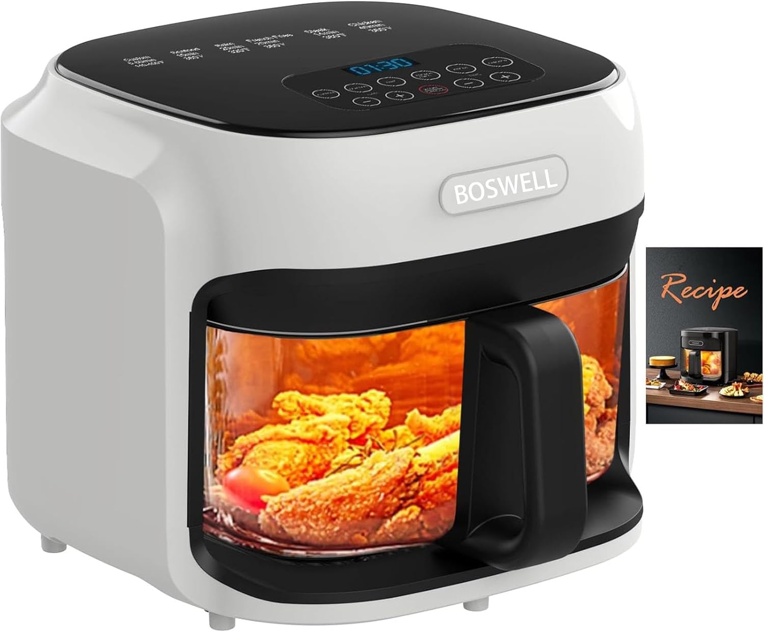 BOSWELL Glass Air Fryer, 7.5QT with Transparent Fry Bowl, Circulating Heating, Temperature Control, Air Fryer Roast, Dishwasher Safe