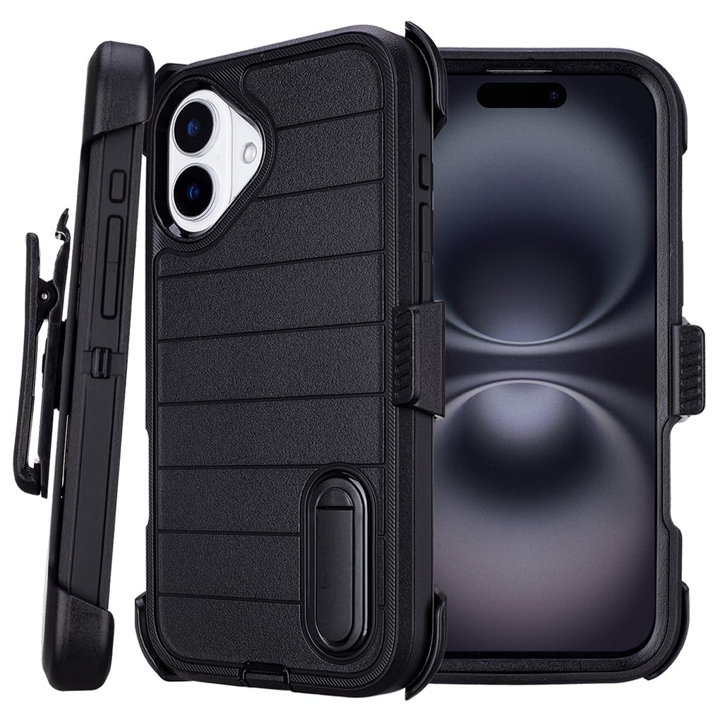 for Phone Case iPhone 16 Plus Case Black with Belt Clip Heavy Duty Holster for ShockPlusof Cases,3 Layers of Sturdy,Military Grade Defender Cover for iPhone 16 Plus Cases Black 6.7 Inch