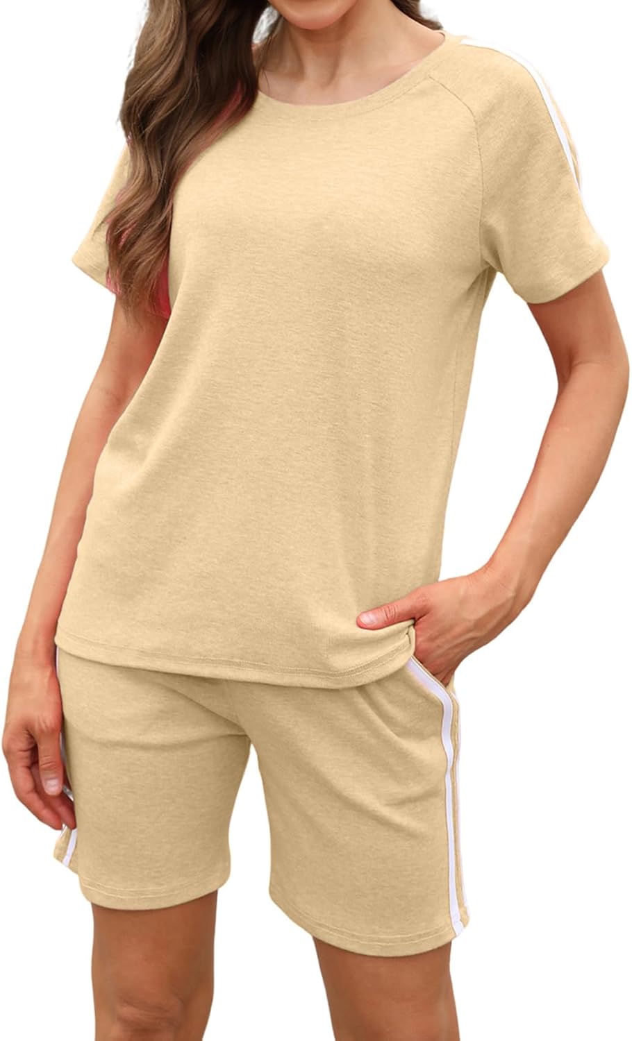 Womens Summer 2 Piece Outfits Lounge Sweatsuits Short Sleeve Round Neck Tops and Shorts Set