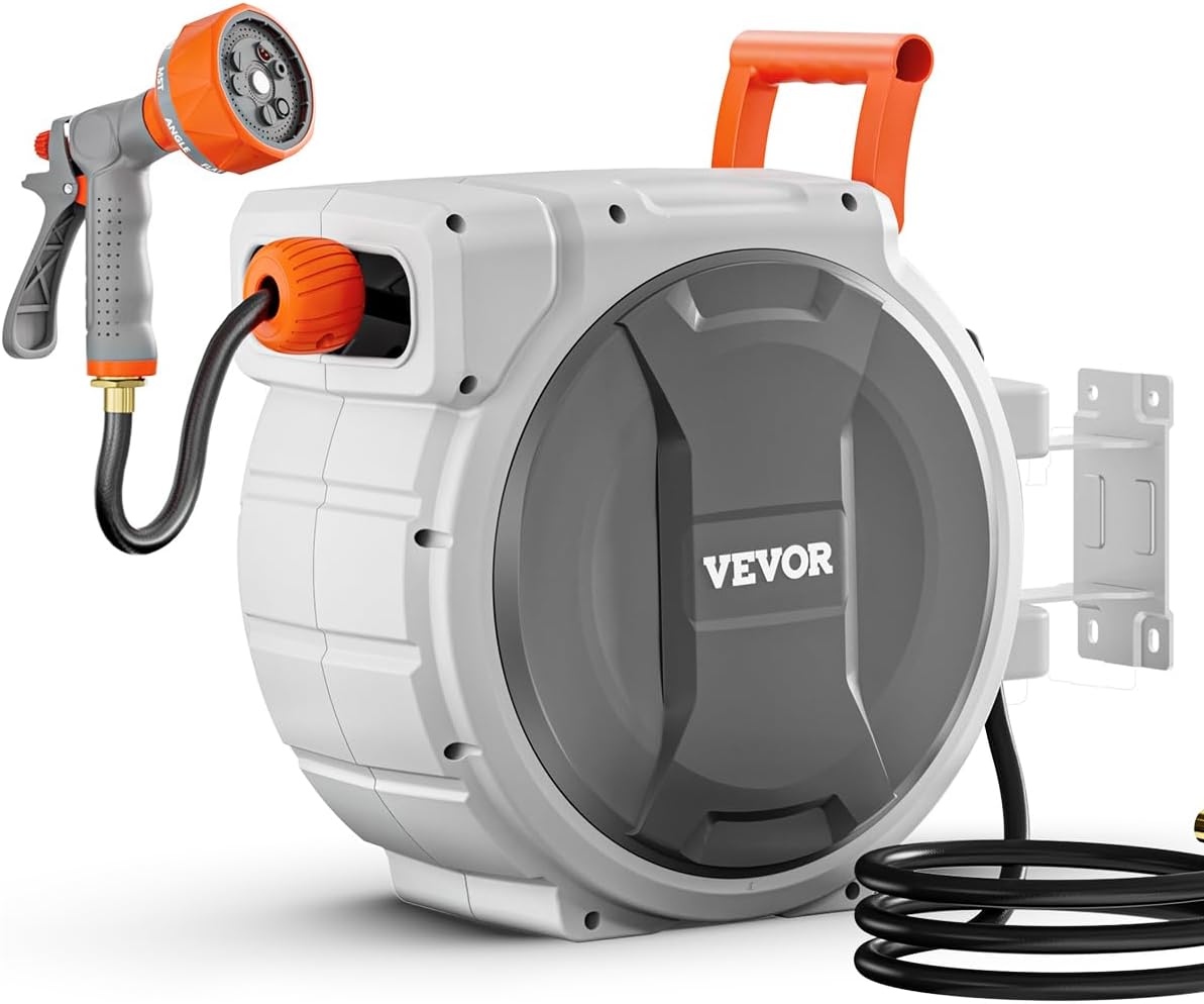 VEVOR Retractable Garden Hose Reel, 1/2 Inch x 84 ft Wall Mounted Heavy Duty Garden Hose Reel with 9 Patterns Nozzle, Any Length Lock, Upgraded Slow Return System and 180°Swivel Bracket