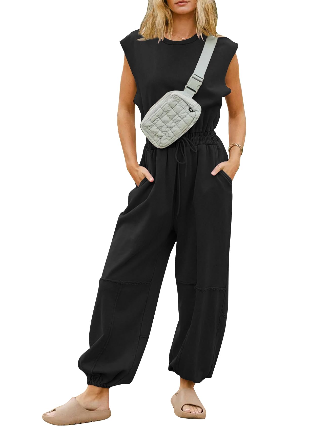 Flygo Womens Casual Jumpsuit Crewneck Cap Sleeve Long Wide Leg Pants One Piece Outfits Drawstring Romper with Pockets(LightGrey-M)