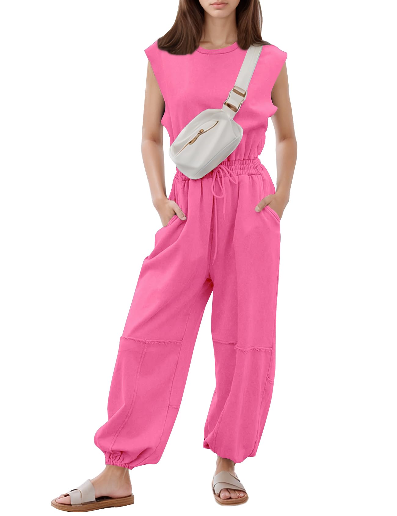 Flygo Womens Casual Jumpsuit Crewneck Cap Sleeve Long Wide Leg Pants One Piece Outfits Drawstring Romper with Pockets(LightGrey-M)