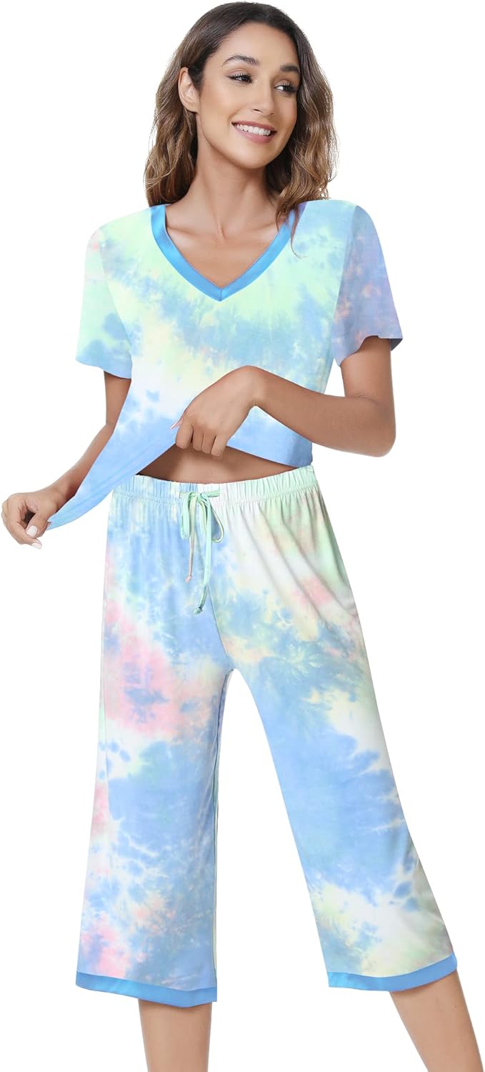 NACHILA Women’s Pajamas-Viscose Made from Bamboo, Short Sleeve Pjs Top with Capri Pajama Sets for Women Cool V Neck Sleepwear