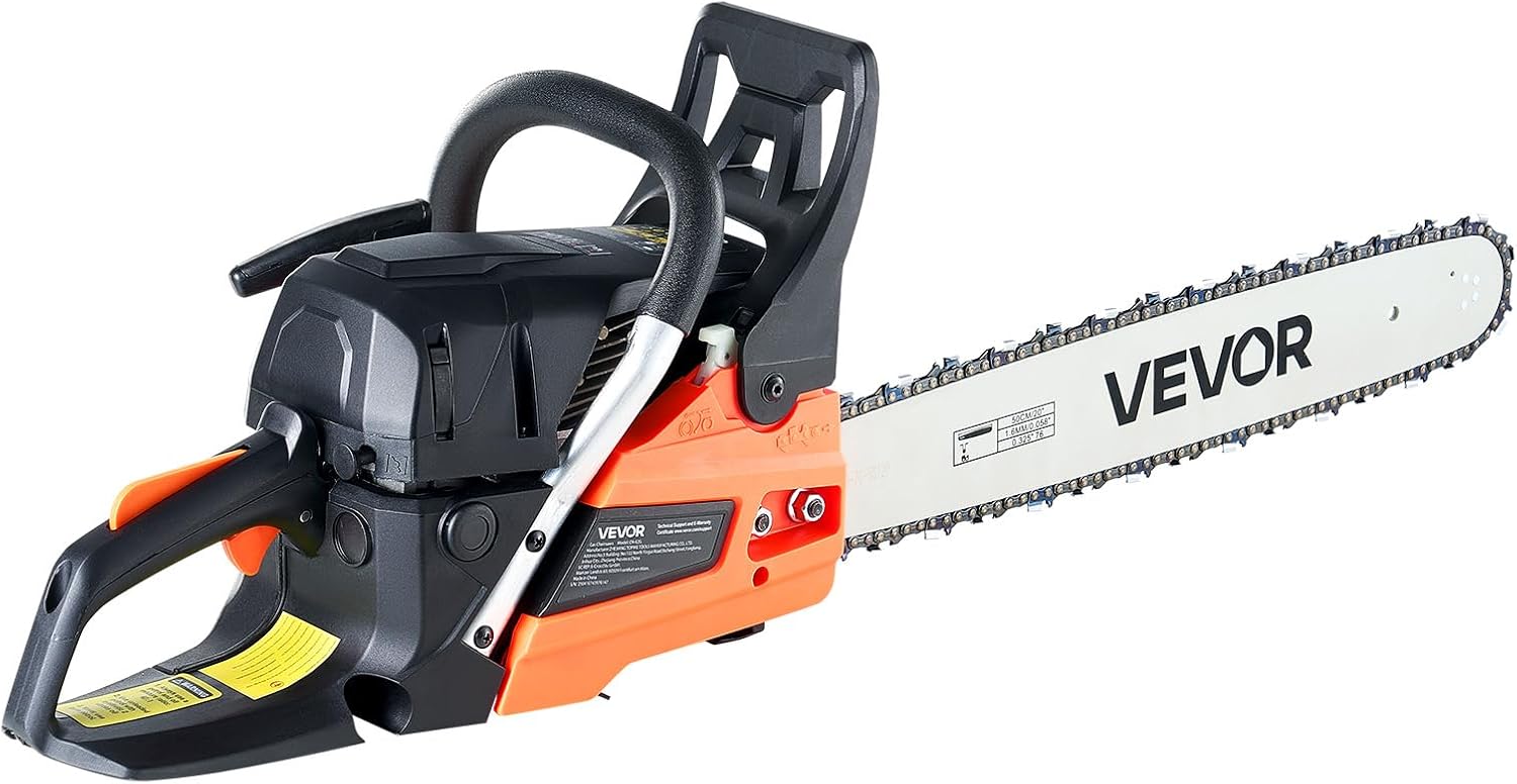 VEVOR 20inch 62CC Gas Powered Chainsaw, 3.8 HP 2 Stroke Engine Gas Power Chainsaws with Non-Slip Handle, Gas Chainsaws with Dual Fuel Tanks, For Wood Cutting, Tree Trimming, and Land Clearing