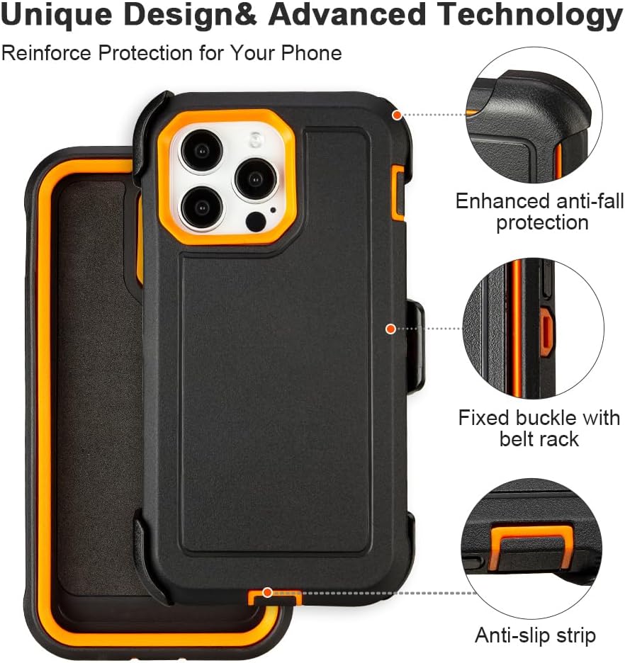 for iPhone 13 Pro Max Case with Clip Belt Holster, Heavy Duty Military Grade Drop Protective Case for iPhone 13 Pro Max 6.7" case (Black+Orange)