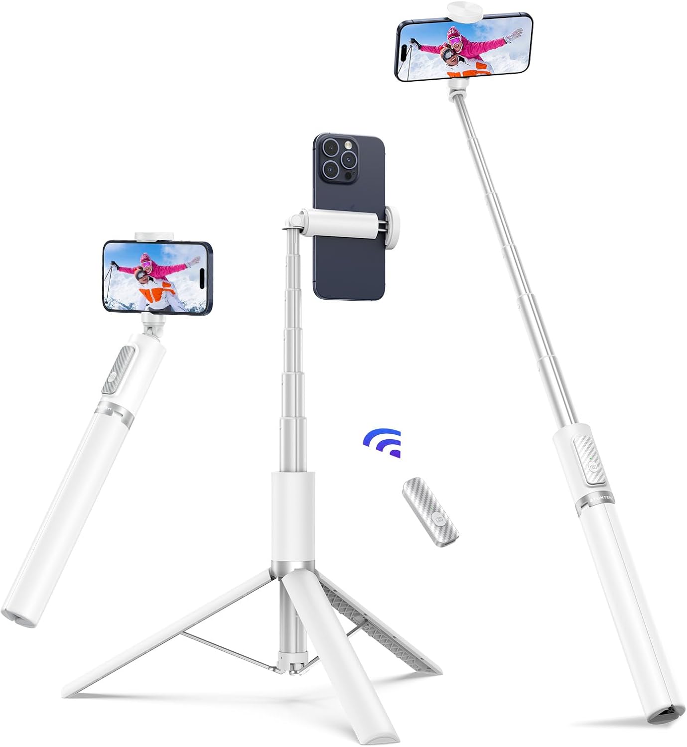 ATUMTEK 62" Selfie Stick Tripod, Extendable Aluminum Tripod with Rechargeable Bluetooth Remote, Compatible with iPhone and Android Smartphones, Perfect for Travel, Vlog, Video and Photo, White
