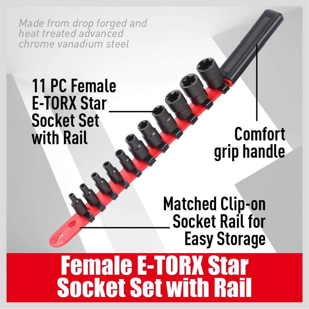 SEDY 11-Piece E-Torx Socket Set - Star Sockets Set with Socket Rail, External Torx Socket with Organizer, External Socket-Set, E4 E5 E6 E7 E8 E10 E12 E14 E16 E18 E20 Reverse Sockets Set
