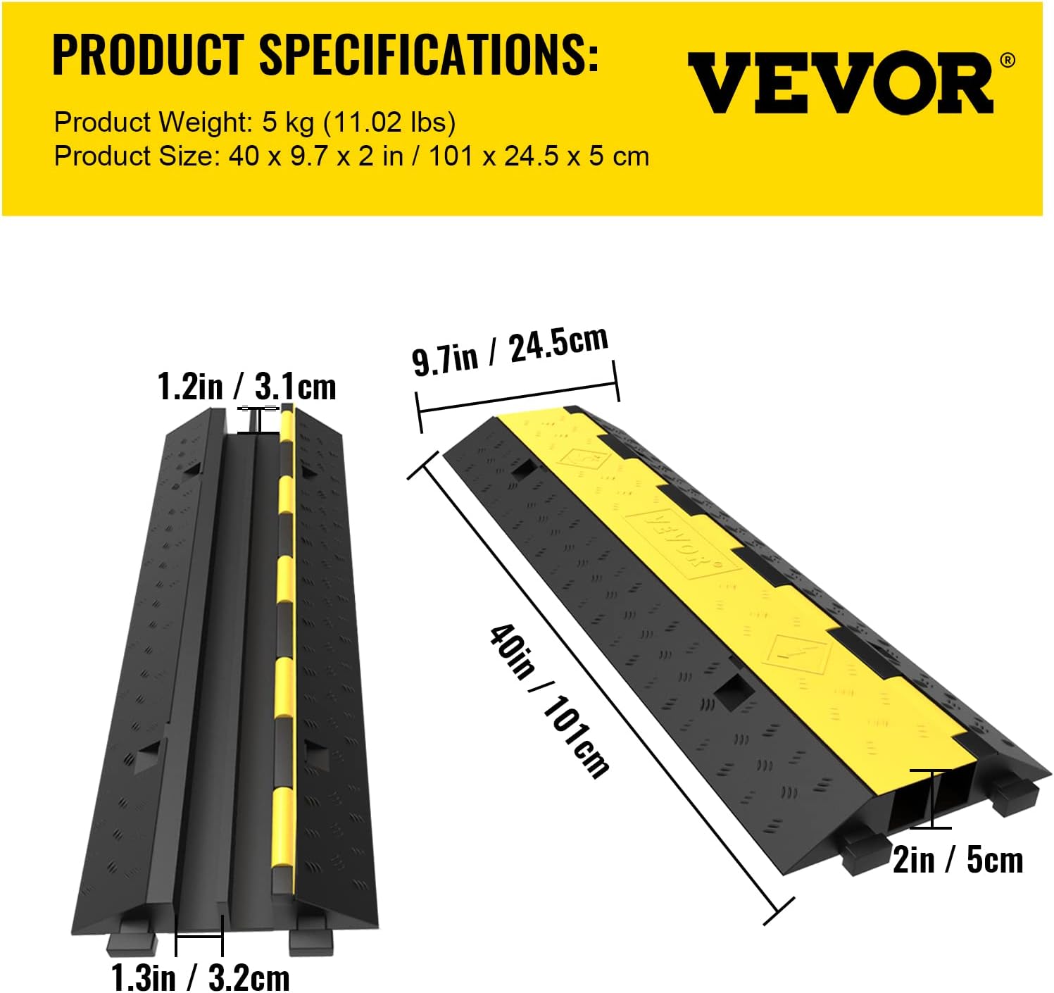 VEVOR Cable Protector Ramp, 5 Packs 2 Channels Speed Bump, Rubber Modular Humps Rated 11000 LBS Load Capacity, Protective Wire Cord Ramp Driveway Rubber Traffic Speed Bumps Cable Protector